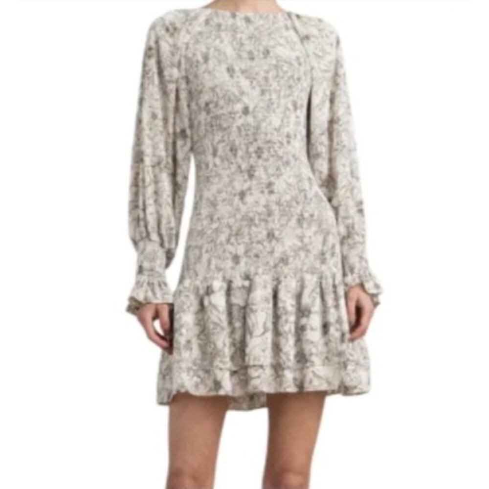 LENA Dress Size S Mini Long Sleeve Smocked Bodice Tiered Floral NEW NWOT Ivory
